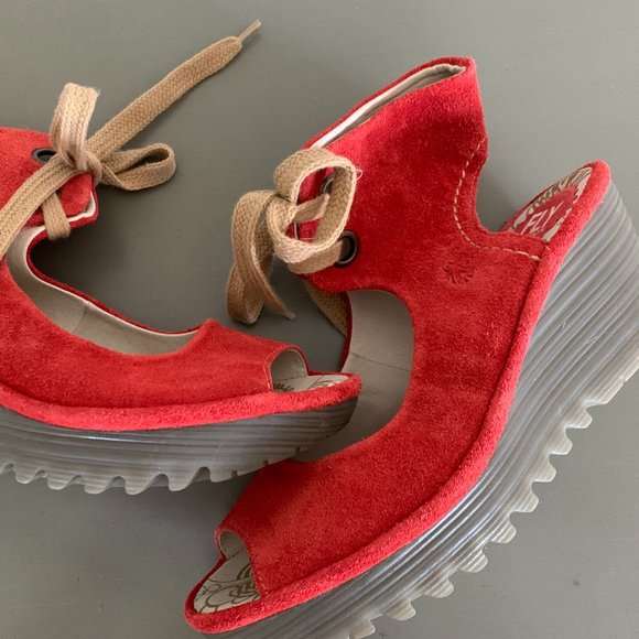 Fly London Red Suede Tie Up Mary Jane Platform Wedge Size 39 - Picture 2 of 8